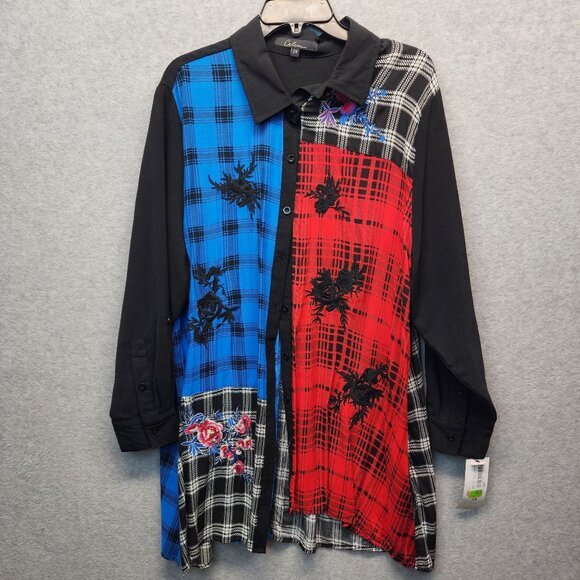 Calessa Plaid Embroidered Top Womens Plus 2X Colorblock Black Floral Long Sleeve - Picture 1 of 12